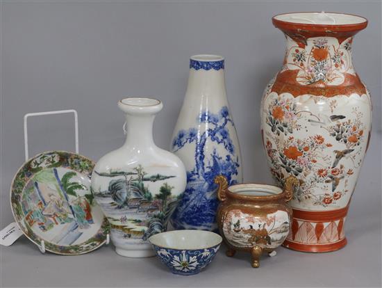 A collection of Asian ceramics, including a Chinese white ground flattened pyriform vase